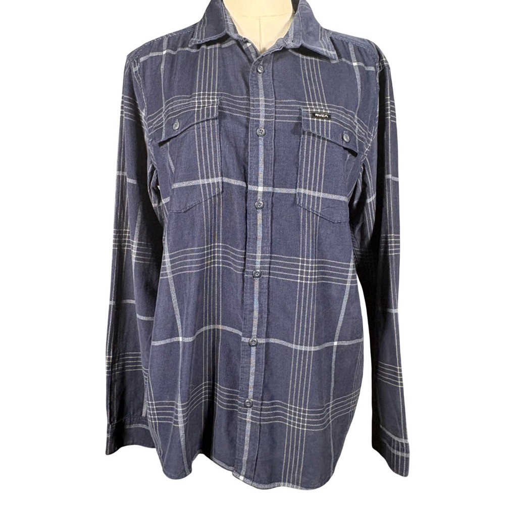 RVCA Blues Walk Cord LS Mens Small Moody Blue Plaid Corduroy Shirt